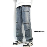 Men Jeans Spring and Autumn Vintage Zipper Loose Straight Wide Leg Straight Casual Trousers